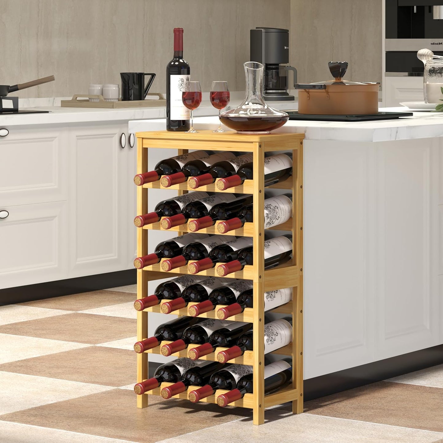 6 Tier Wine Rack Freestanding Floor, 24 Bottles Wine Storage Shelves with Table Top, Stackable Wine Display Rack for Kitchen, Bar, Dining Room, Natural Bamboo Finish