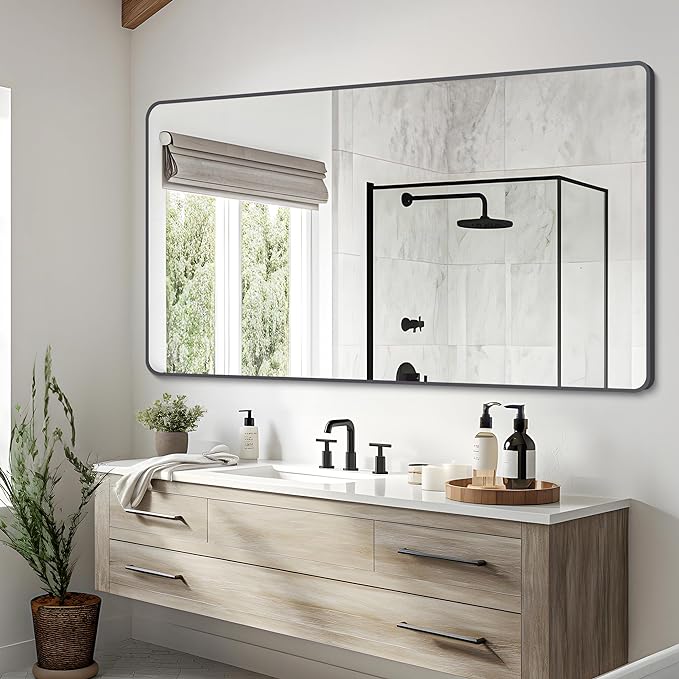 30" x 60"Bathroom Mirror, Matte Black Wall Mirror with Metal Frame, Decorative Rectangular Vanity Mirror for Bedroom Bathroom Living Room Entryway (Horizontal)