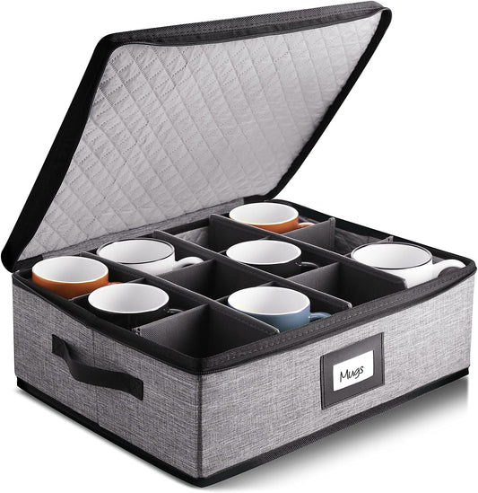 Coffee Mug Storage, Quilted and Stackable Coffee Cup Storage Organizer for Service of 12, Mug Storage Box with Dividers, Mug China Storage Containers Hard Shell for Moving and Seasonal Storage