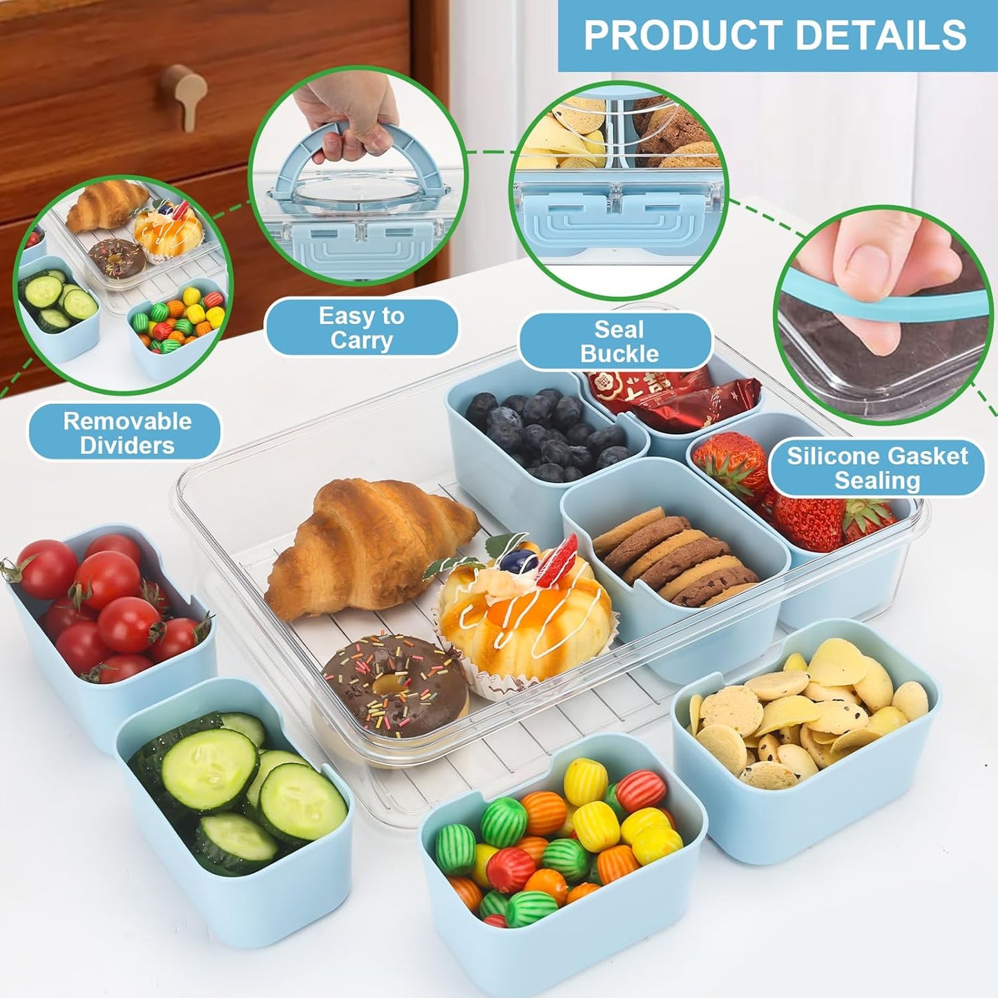 shopwithgreen 2Pcs Snackle Box Container, Divided Serving Tray with Lid and Handle, Snack Box Container Food Platter Charcuterie for Party, Veggies, Snack, Fruit, Nuts, Entertaining, Picnic,Blue