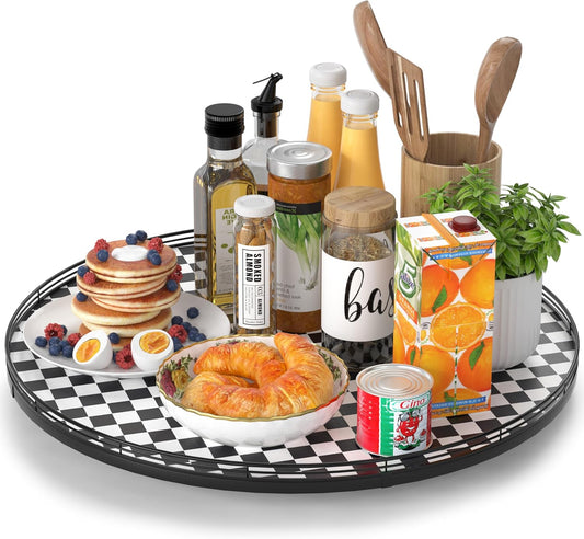 21" Black and White Kitchen Lazy Susan Turntable, Round Checkered Decorative Tray, Large Lazy Susan for Dining Table Centerpiece, Pantry, Kitchen, Bathroom, Countertop, Cupboard, Home Decor