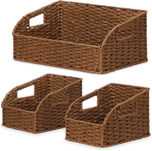 Wicker Baskets for Organizing,Pantry, Kitchen Counter with Handles, Handwoven Wicker Storage Baskets for Fruit, Bread, Vegetable, Boho Decoration, Paper Storage Bins for Shelves, 3 Pack, Brown