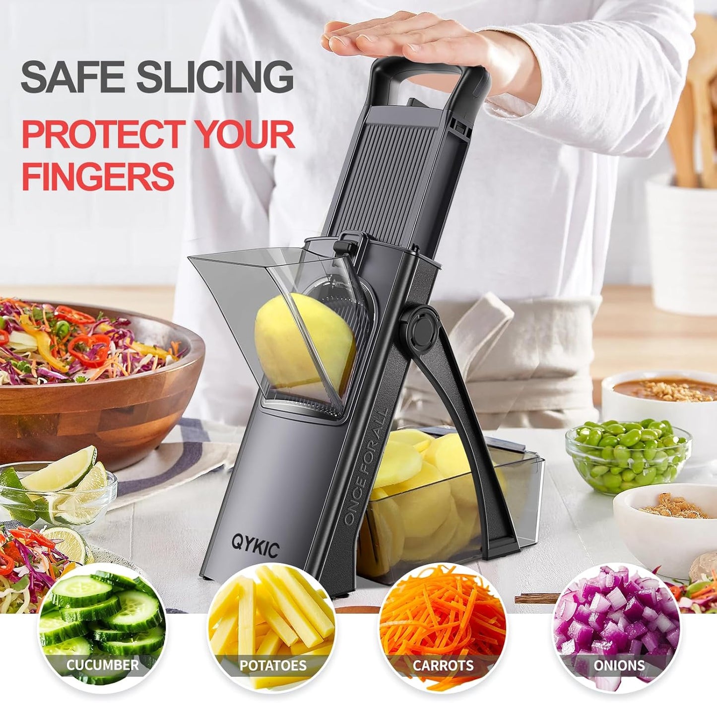 Safe Mandoline Food Slicer for Kitchen, Adjustable Vegetable Chopper Food Slicer with Peeler Thickness Adjuster, Potato French Fry Cutter, Kitchen Chopping Artifact (Black)