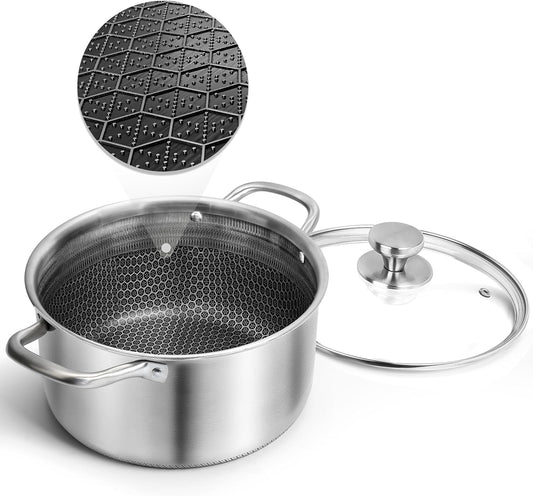 AuFranc™ Hybrid Nonstick 6 Quart Stainless Steel Stockpot with Glass Lid, Induction Stock Pot with Honeycomb Carving, Non-stick Soup Pot Compatible with All Cooktops, Non-Toxic, Dishwasher & Oven Safe