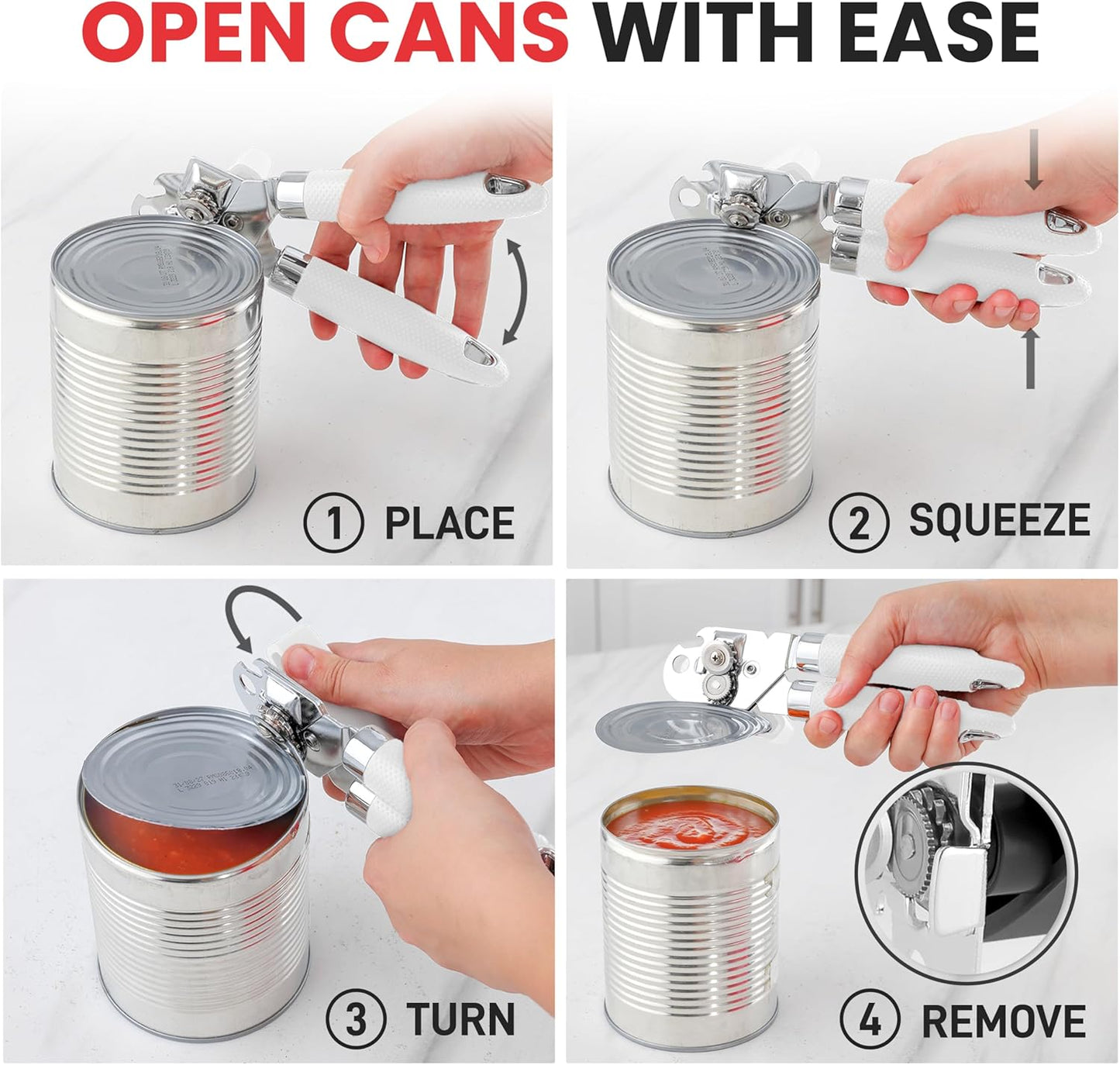 Zulay Kitchen Heavy Duty Stainless Steel Can Opener Manual with Large Bottle Opener - Manual Can Opener with Turn Knob with Soft Grip Handles - White