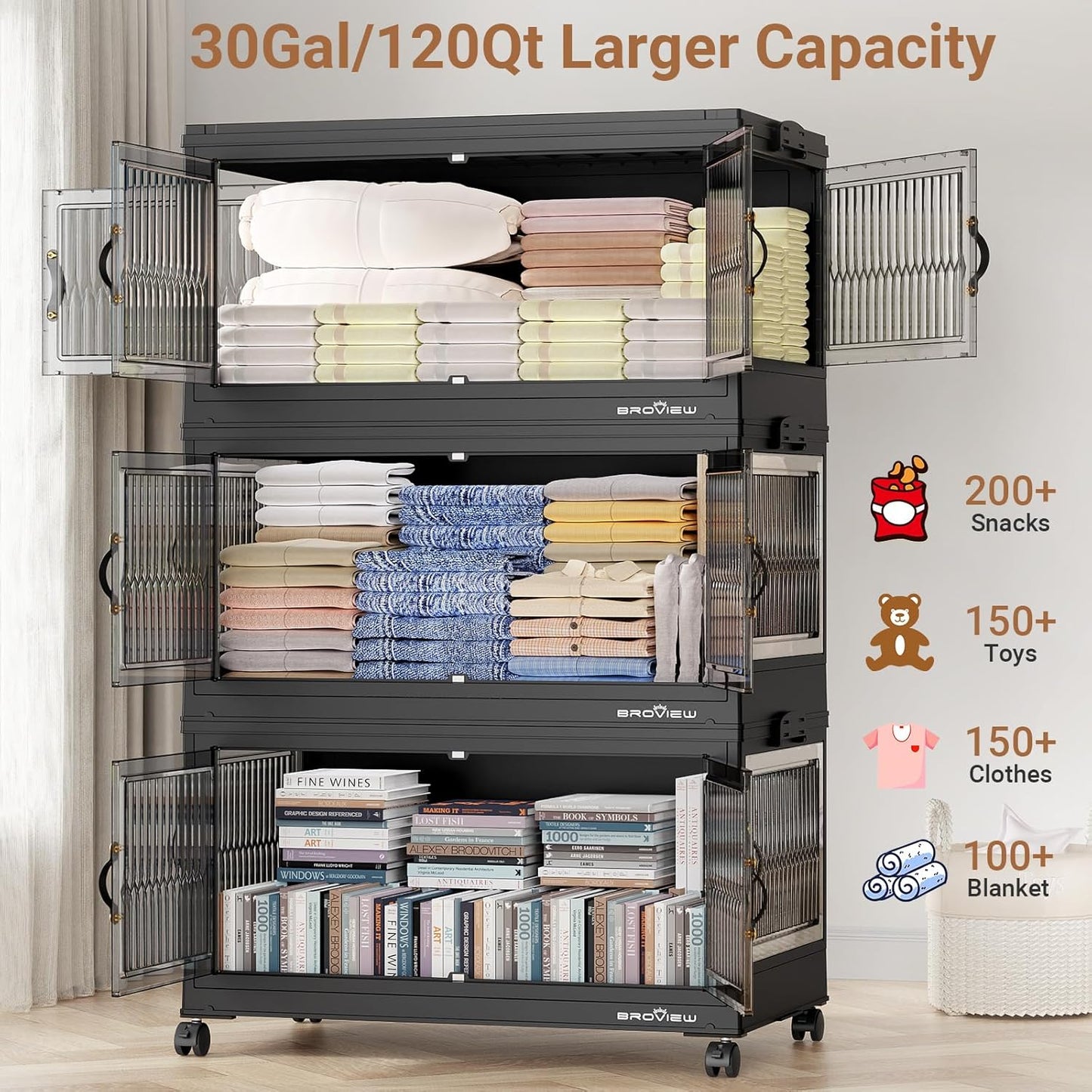 120QT Large Stackable Storage Bins with Lids, Plastic Closet Organizer and Storage Drawer, Collapsible Storage Box with Wheels, Folding Storage Cabinet with Doors for Home Kitchen, 1Pack Black