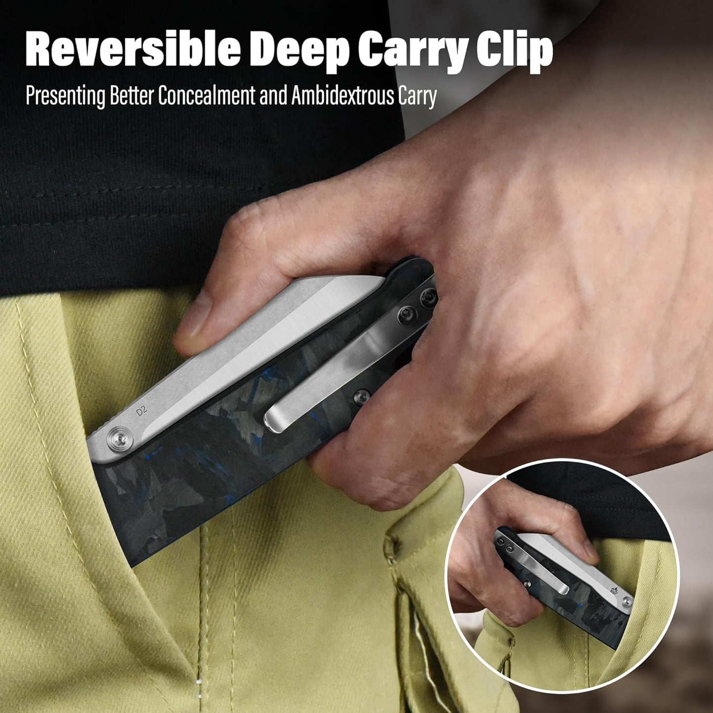 QSP Penguin V2 Folding Pocket Knife, 3.06" D2 Two Tone Finish Stonewash Satin Blade EDC Knife, Blue Shredded CF Overlay G10 Handle, Liner Lock, Ceramic Ball Bearings, Reversible SS Deep Carry Clip