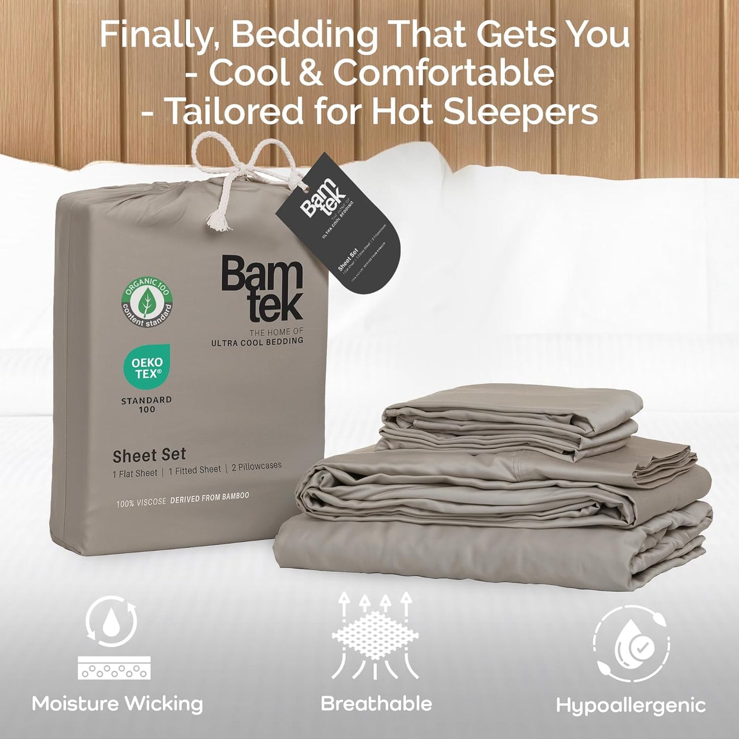 100% Viscose from Bamboo Sheets Queen Size, Super Soft Bedding Set, 4PC Cooling Sheets for Hot Sleepers, Vegan Silk Moisture Wicking, Organically Grown Bedsheet, Sand - 60" x 80"