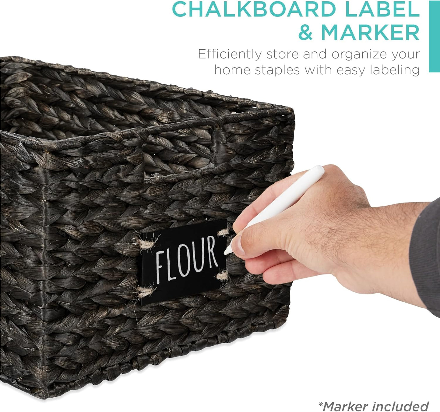 Best Choice Products Pantry Baskets Set of 2 16x12in Water Hyacinth Storage Baskets, Woven Wicker Kitchen Organizers with handles w/Chalkboard Label Chalk Marker - Black