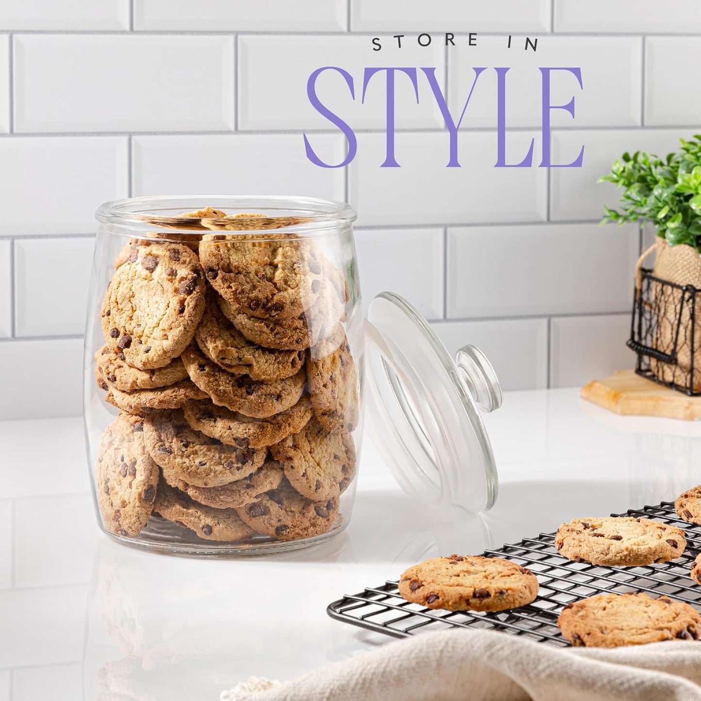 Half Gallon Glass Cookie Jars with Airtight Lids - Big Food Storage Containers for Kitchen Pantry - Dog Treats, Flour, Sugar, Biscotti, & Candy - 64oz Canisters Pack of 2