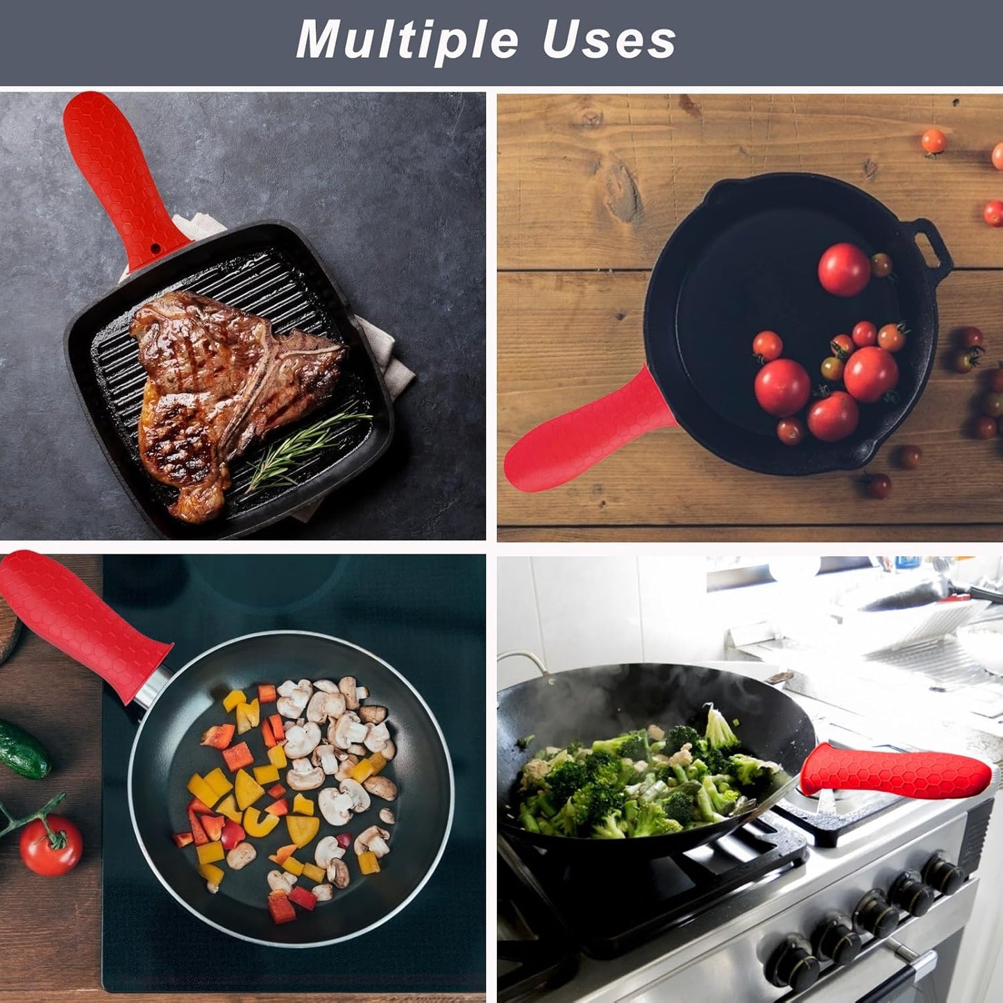 4 Pcs Non-Slip Silicone Hot Handle Holder & Assist Grips, Potholder for Cast Iron Skillets, Heat Resistant Handle Cover Sleeve for Frying Pans, Casserole, Cookware Handles, Red