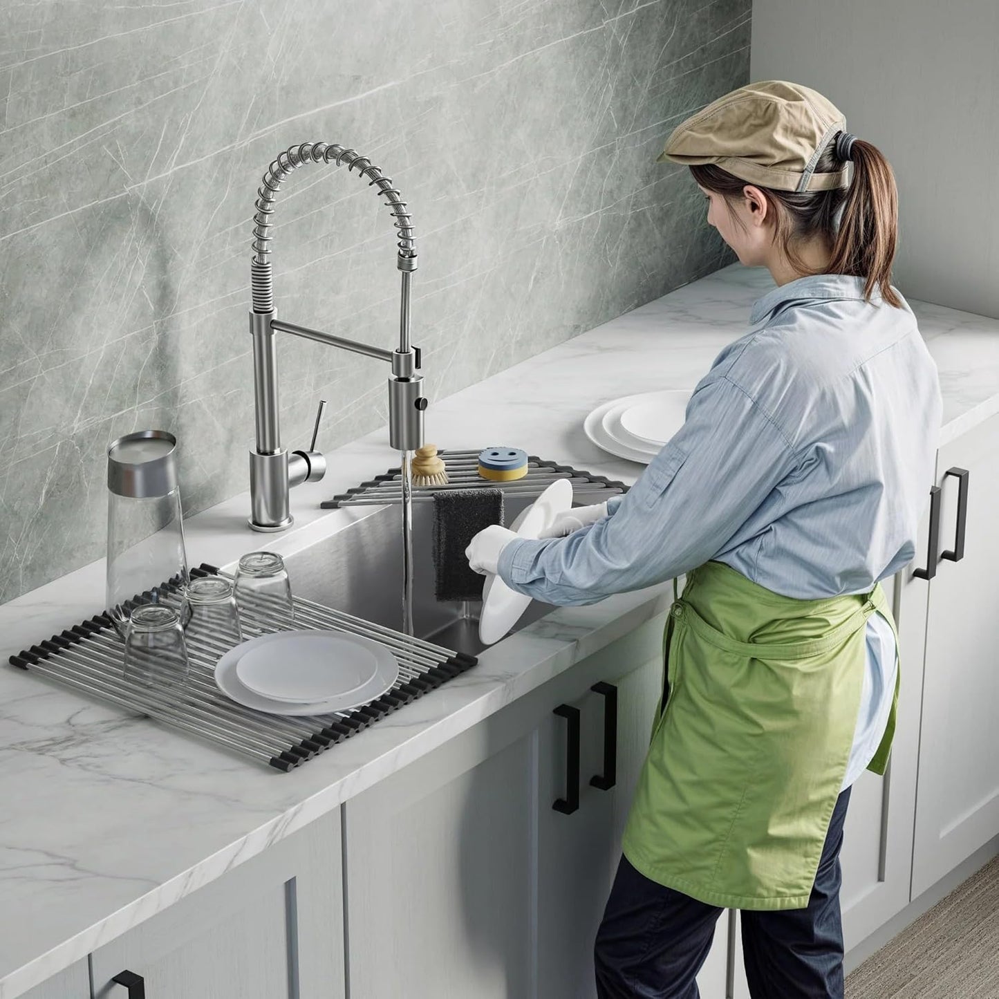 Dowell Over The Sink Roll Up Dish Drying Rack, 304 Stainless Steel, 20 Tubes, Dishwasher Safe, Food Safe, Heat Resistant, Foldable, Space-Saving, Sturdy, Multi-Purpose Sink Organizer