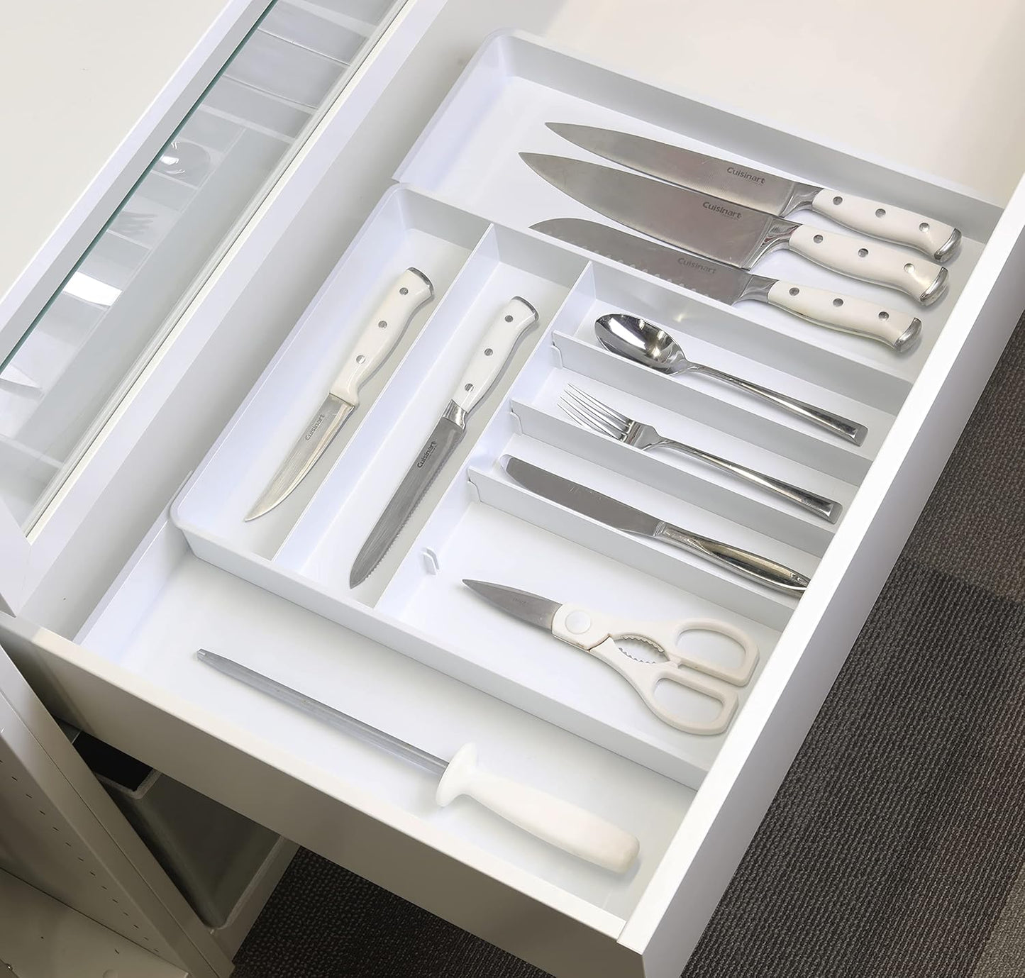 Simple Houseware Expandable & Adjustable Cutlery Drawer Organizer - Large Utensil and Flatware Tray for Kitchen Drawers, White