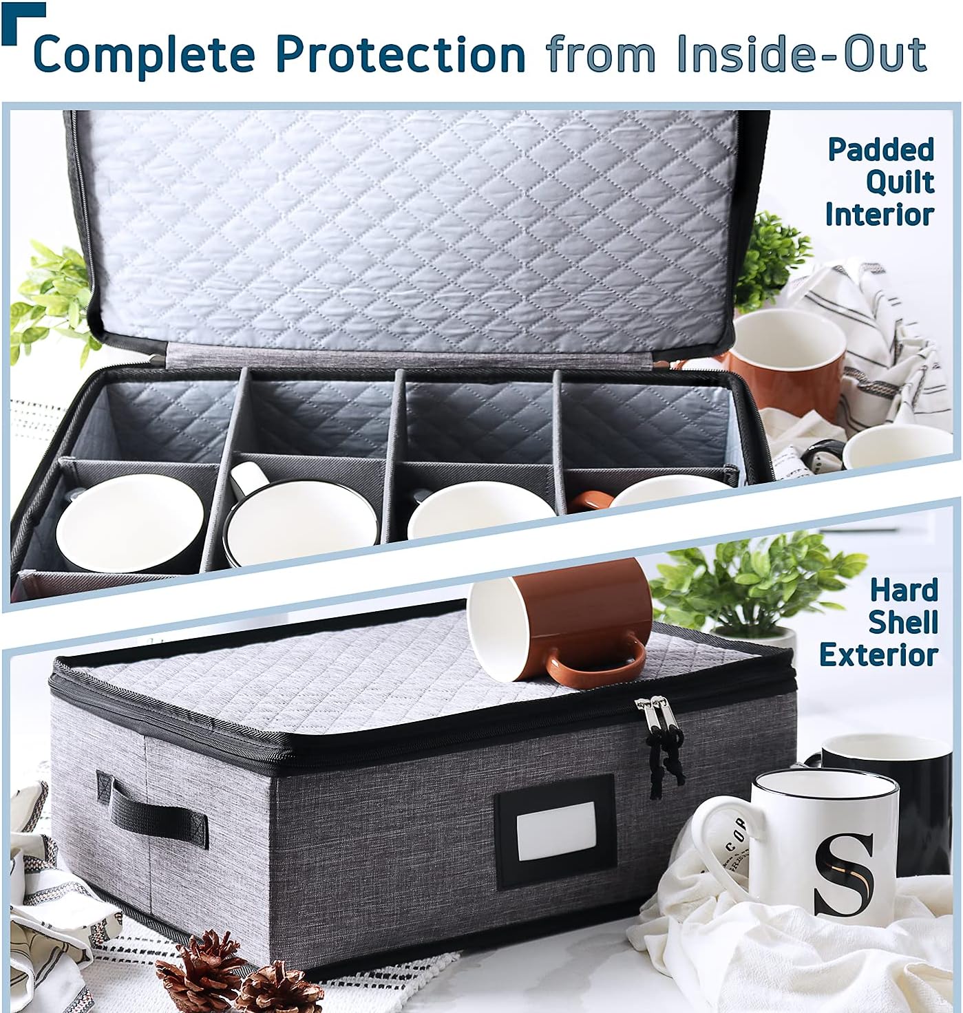 Coffee Mug Storage, 2 Pack Quilted and Stackable Coffee Cup Storage Organizer for Service of 12, Mug Storage Box with Dividers, Mug China Storage Containers Hard Shell for Moving and Seasonal Storage