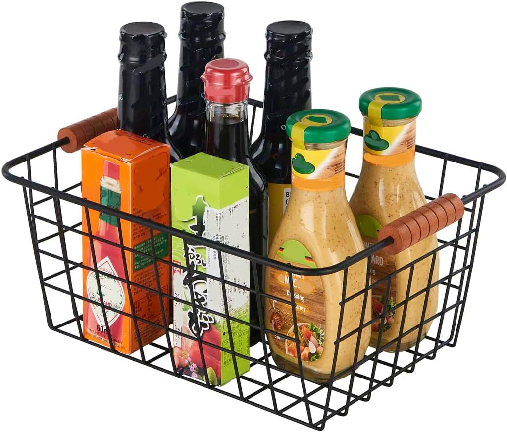 Wire Kitchen Storage Basket 2 Packs,Perfect Pantry Organization Accessories Baskets,Laundry Basket,With a Wooden handle,Suitable for Kitchen,Bathroom,Bedroom,Tabletop,Stackable,Black