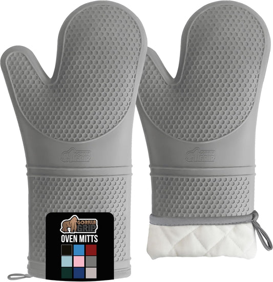 GORILLA GRIP BPA-Free Soft Silicone Oven Mitts, 14.5x8.3, Heat Resistant and Waterproof Cooking Gloves, Thick Cotton Lining, Flexible Gripping for Baking Grilling, Kitchen Potholders Set of 2, Gray