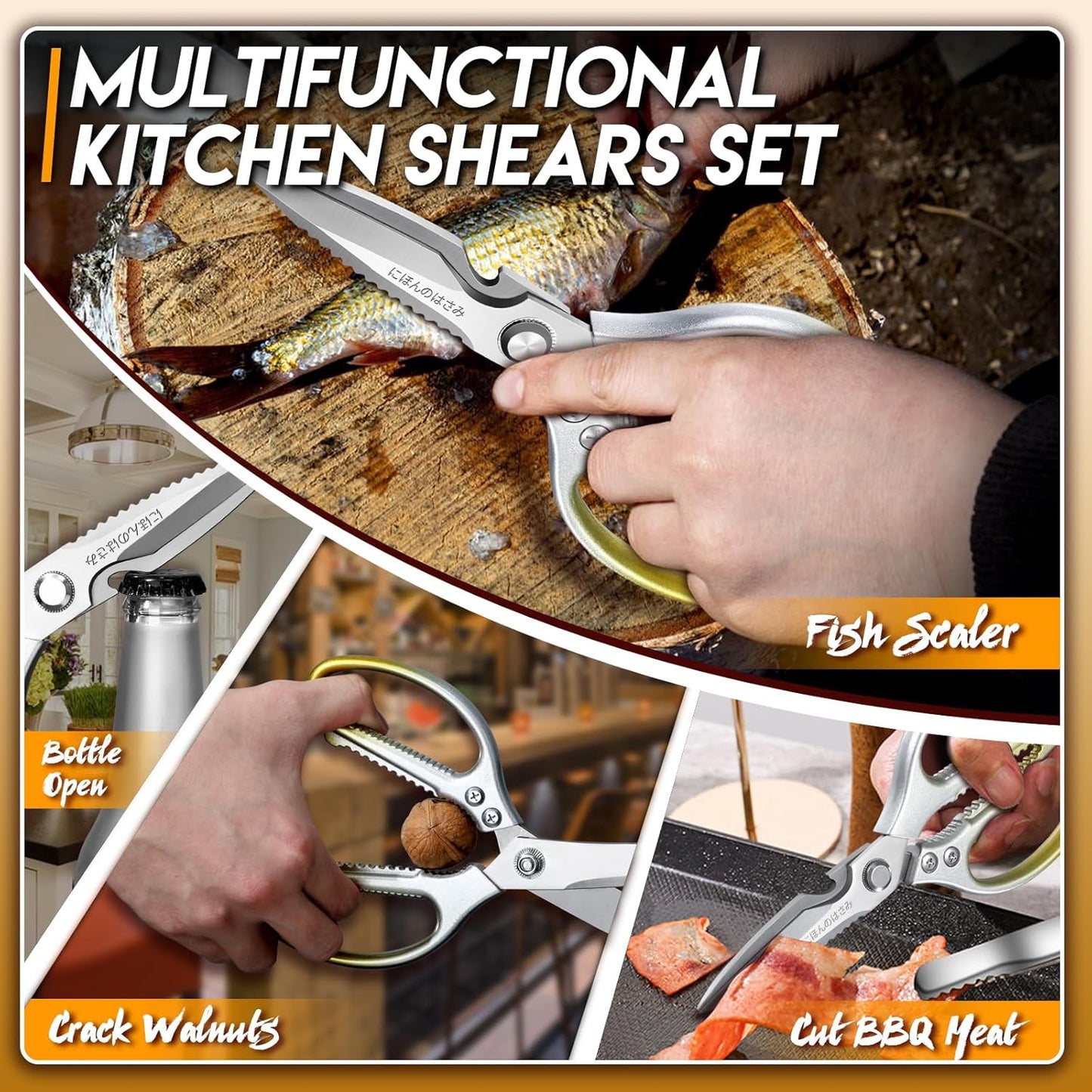 TIJERAS Kitchen Scissors Set Gold - Stainless Steel Kitchen Shear, Sharp Meat Scissors Dishwasher Safe, Heavy Duty Poultry Shears, Japanese Cooking Scissor for Food, Chicken Bones, and Turkey