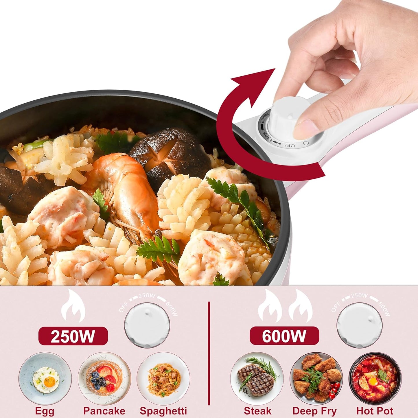 Dezin Hot Pot Electric with Steamer Upgraded, Non-Stick Sauté Pan, Rapid Noodles Electric Pot, 1.5L Mini Pot for Steak, Egg, Fried Rice, Ramen, Oatmeal, Soup with Power Adjustment
