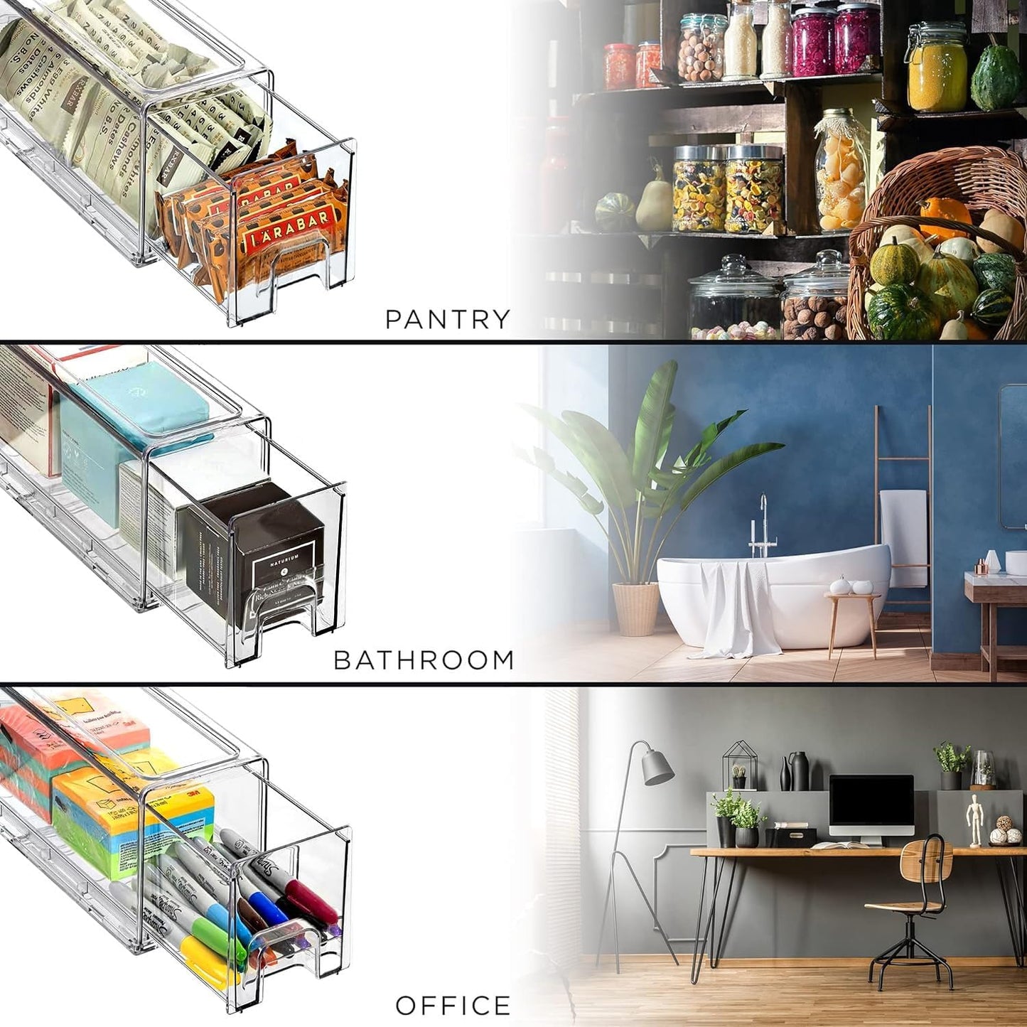 Sorbus Small Wide Clear Storage Drawers (2 Pack) – Stackable Storage Drawers for Pantry, Fridge, or Cabinet – Slide Out Clear Bins with Handles for Organizing