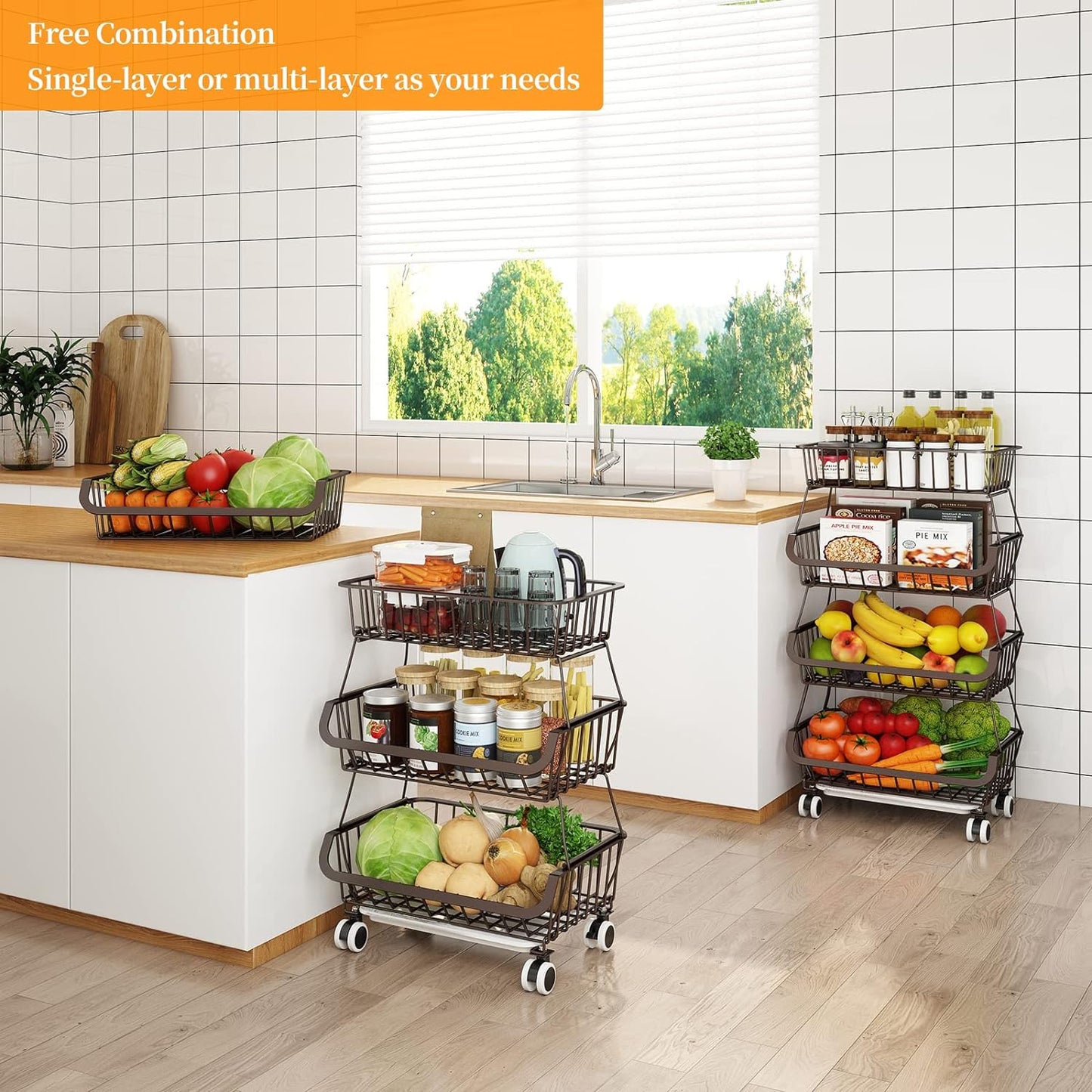 Fruit Vegetable Storage Basket for Kitchen - 4 Tier Stackable Metal Wire Baskets Cart with Rolling Wheels Utility Fruits Rack Produce Snack Organizer Bins for Pantry Bathroom Laundry Bronze