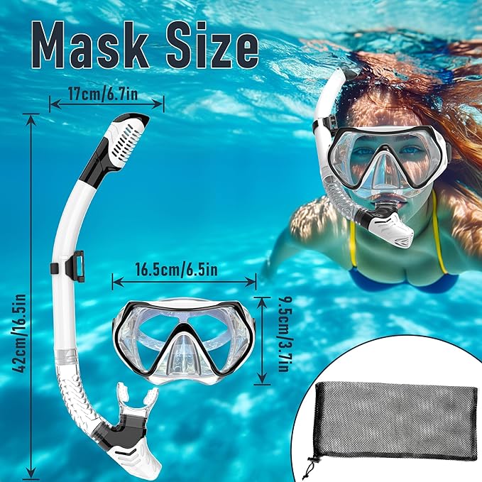 Snorkeling Gear, Dry Snorkel Set180° Panoramic Wide View,Anti-Fog Scuba Diving Mask, Professional Snorkeling Gear for Free Breathing, Swimming, Diving