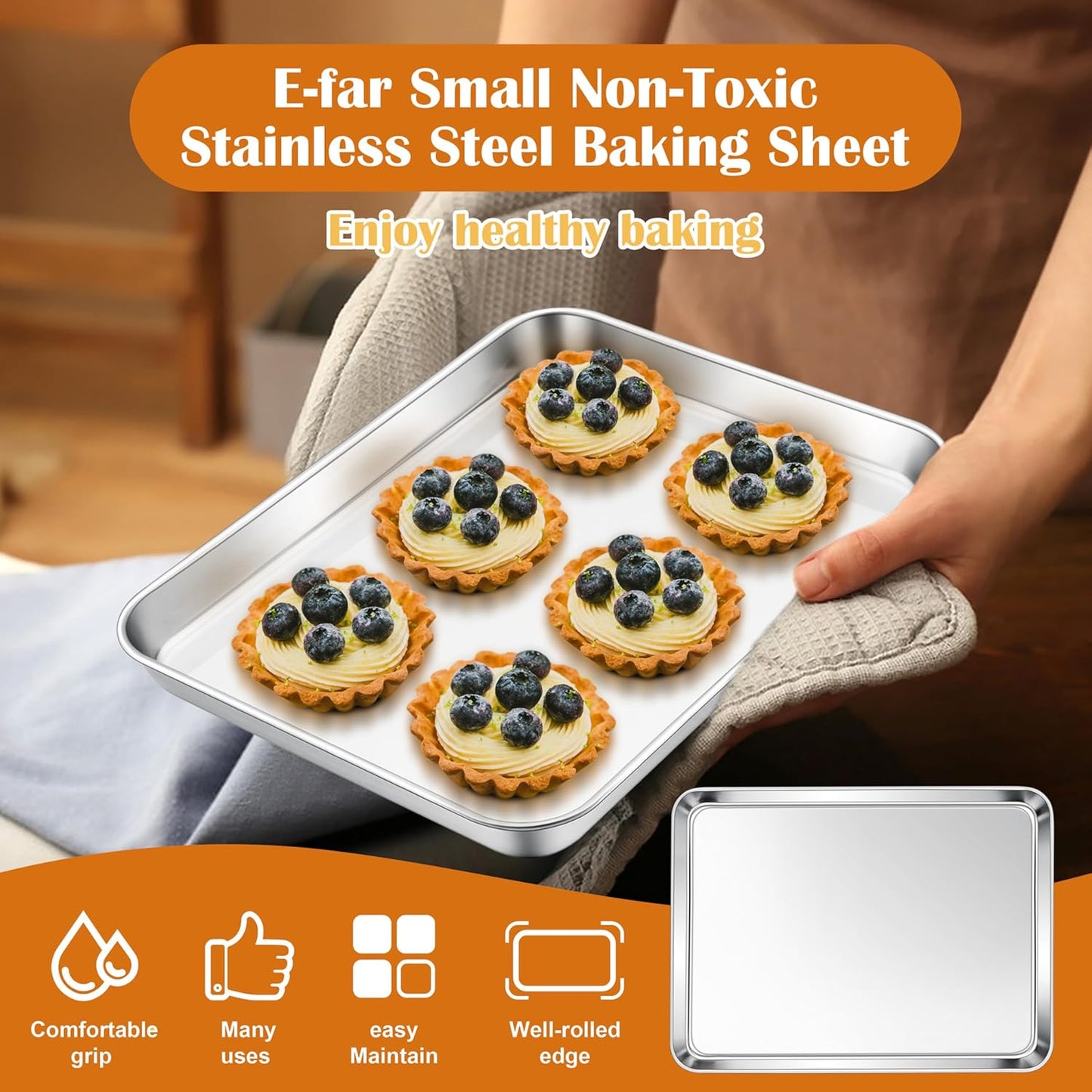 E-far Small Baking Sheet Set of 3, 10.5”x8.3” Stainless Steel Cookie Sheets Pans, Compact Non-toxic Metal Toaster Oven Trays for Cake, Healthy & Rust Free, Mirror Finish & Dishwasher Safe