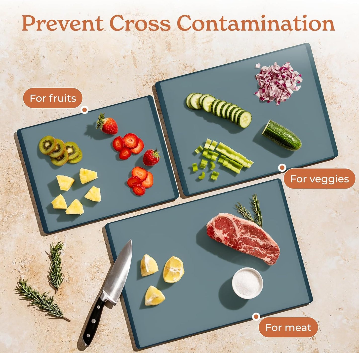 SMIRLY Plastic Cutting Board Set 3 Pieces, Non-Slip Dishwasher Safe Chopping Boards for Kitchen, Blue