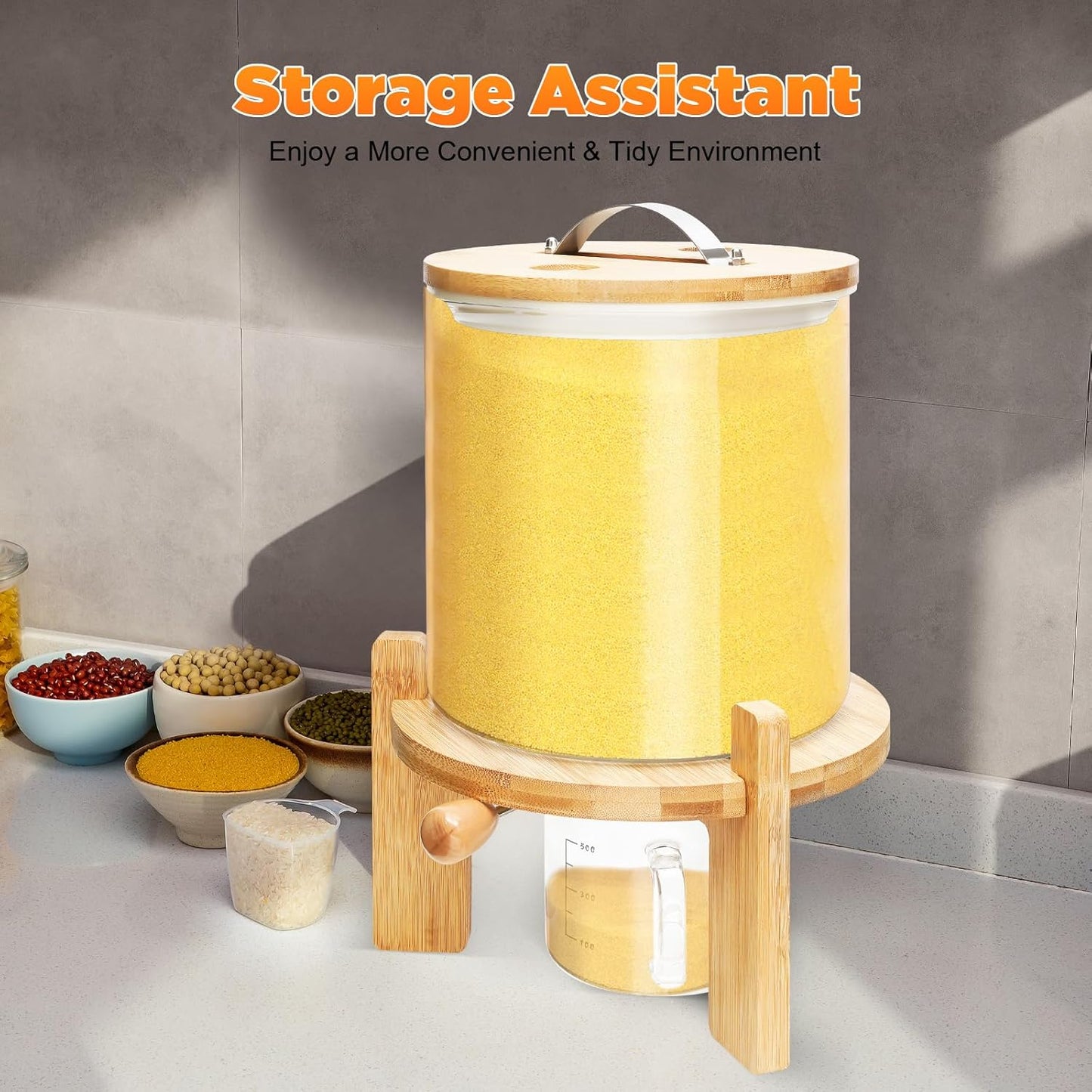 Flour and Cereal Container, Rice Dispenser, Creative Glass Food Storge Container for Kitchen Organization and Pantry Store, Airtight Lid and Wooden Stand (7.5L)
