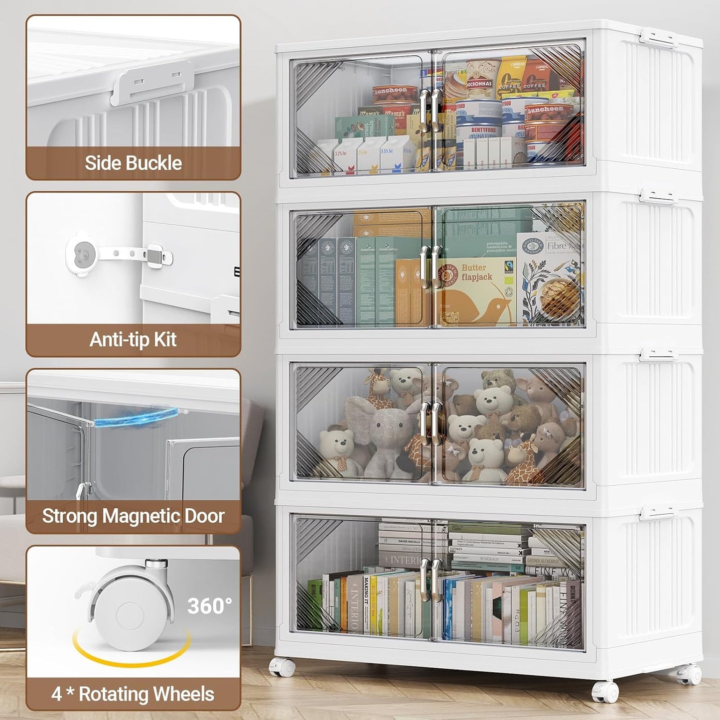 175Gal Plastic Stackable Storage Bins with Lid, 700QT Extra Large Closet Organizers Collapsible Cabinets Boxes With Drawers, Foldable Containers with 4x Wheels for Home Kitchen, V60 5Pack White