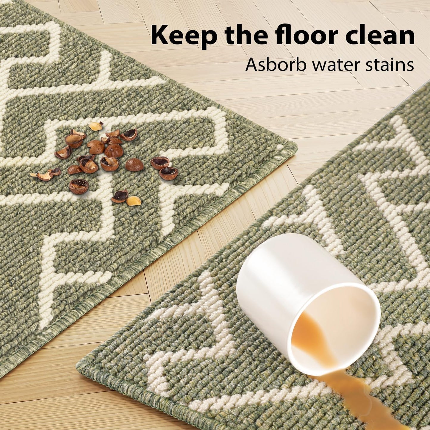 hicorfe Kitchen Rugs and Mats Sets,Non-Slip 2 Pieces Absorbent 100% Polypropylene Rug,Comfort Kitchen Runner Mat,Washable for Kitchen,Sink,Laundry(20" x 31.5" Plus 20" x 59",Green)