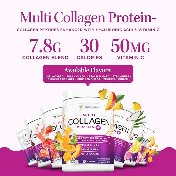 Multi Collagen Peptides Powder for Women - Hydrolyzed Flavored Collagen Powder for Women with Types I II III V & X Vitamin C & Hyaluronic Acid for Hair Skin and Nails (Tropical Punch) - 30 Servings