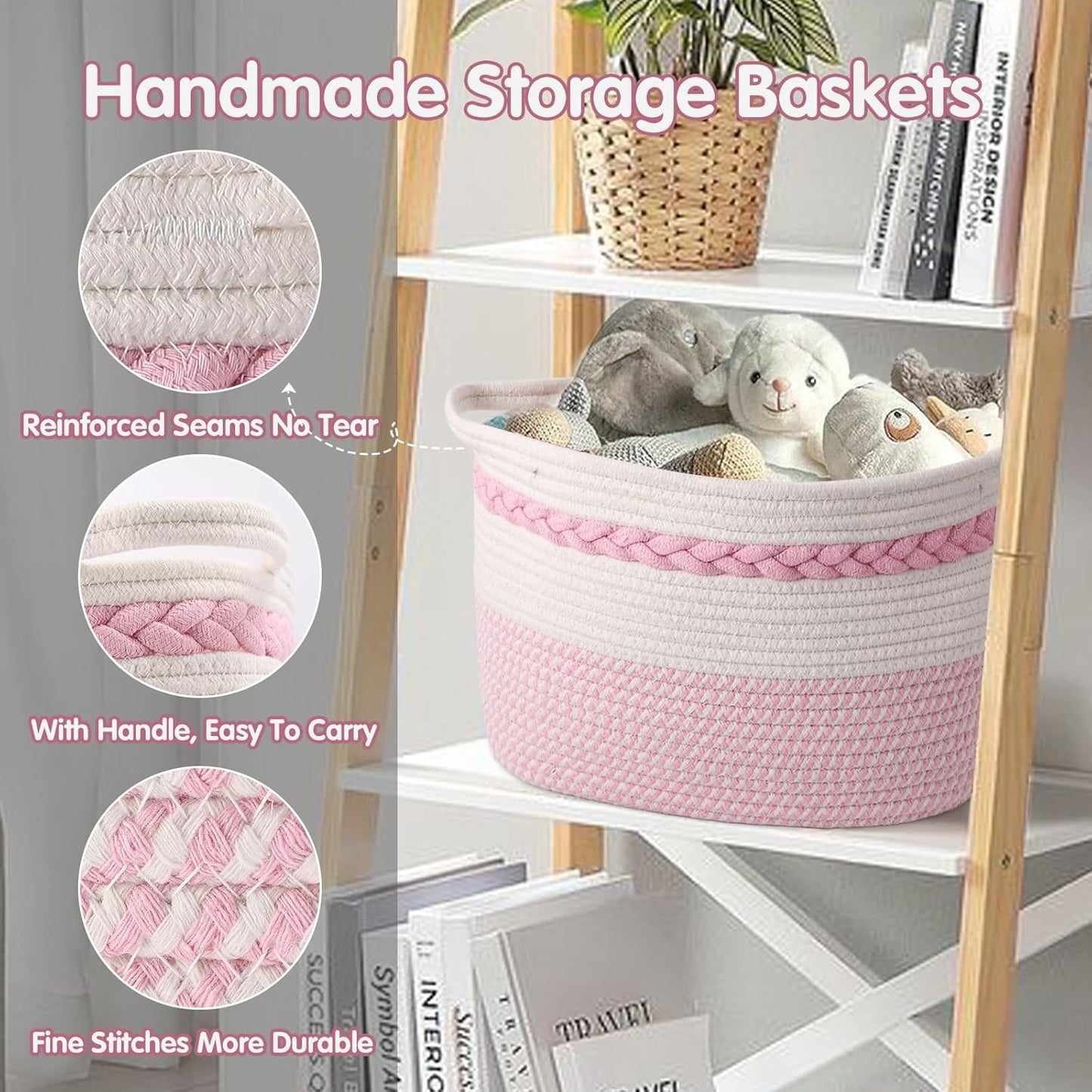 Woven Storage Basket, 3 Pack Pink Rope Basket for Shelves, HandWoven Cotton Rope Basket with Built-in Handles and Labels for Bathroom, Bedroom, Laundry, Pantry, Shelves