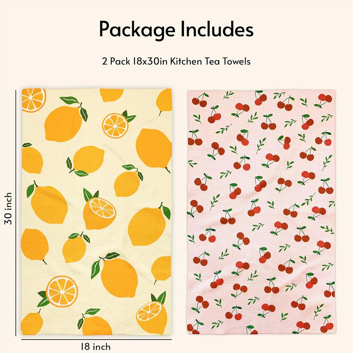 Kitchen Towels, 18" x 30" Dish Towels, Microfiber Tea Towels for Kitchen Drying, Superior Absorbency, Lemon Cherry Series, 2-Pack
