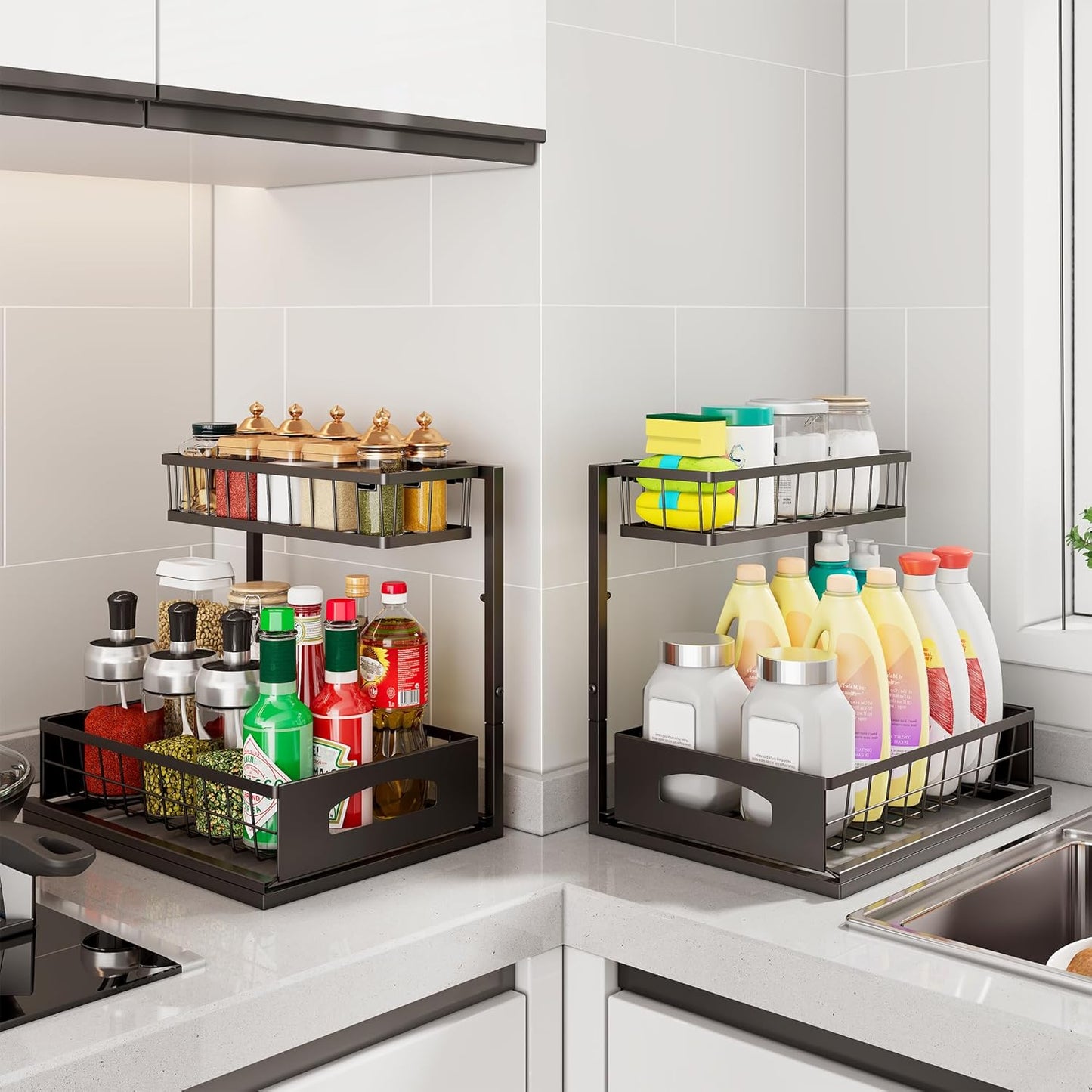 Under Sink Organizer, 2 Pack Height Adjustable Cabinet Organizer with Slide Out Drawer, Pull Out Under Sink Storage, Multi-Purpose 2 Tier Sink Shelves for Kitchen Bathroom Pantry (Black, 2 Pack)