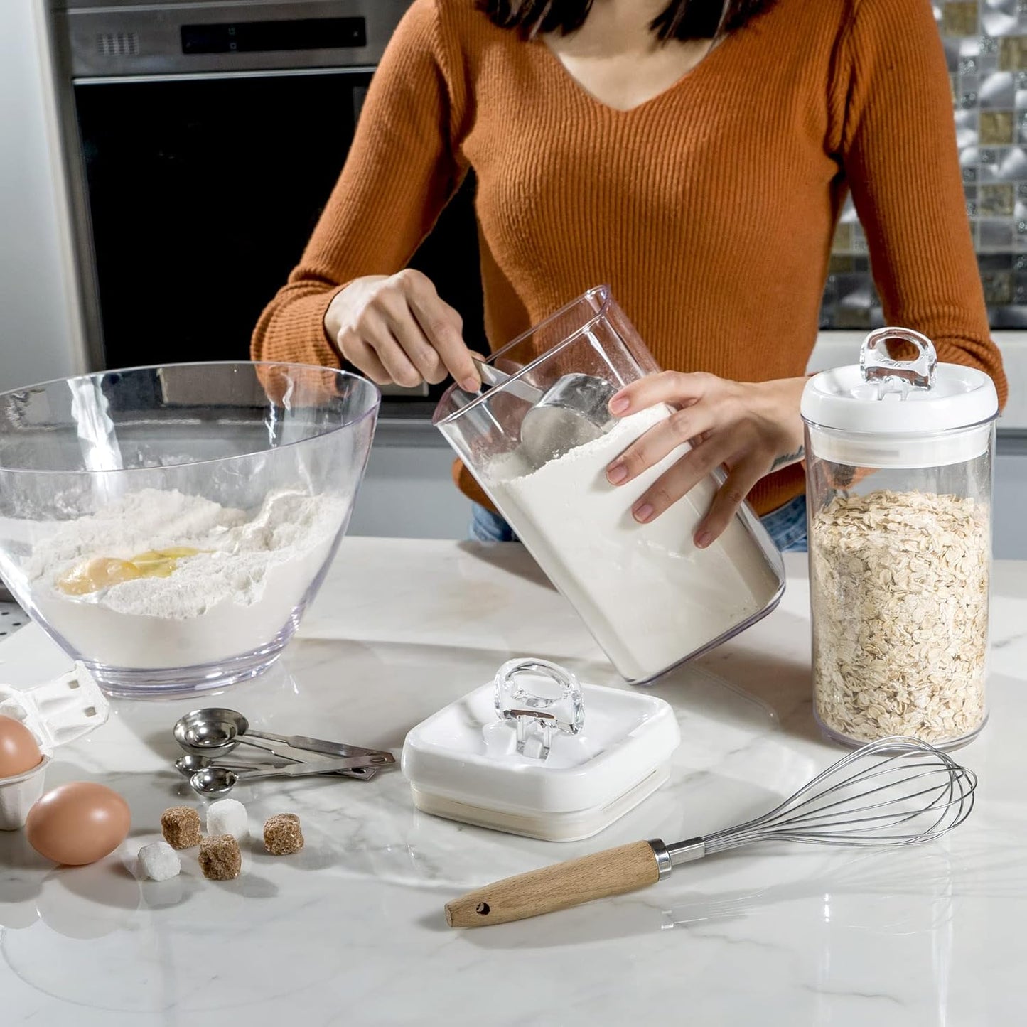 Felli Flip Tite Food Storage Container 5" LARGE 5pk Set + No Residue Label, Airtight Lid Easy Lock Top Stackable, Plastic Canister Jar for Pantry Kitchen Fridge Organizer Pasta Protein Powder Spice