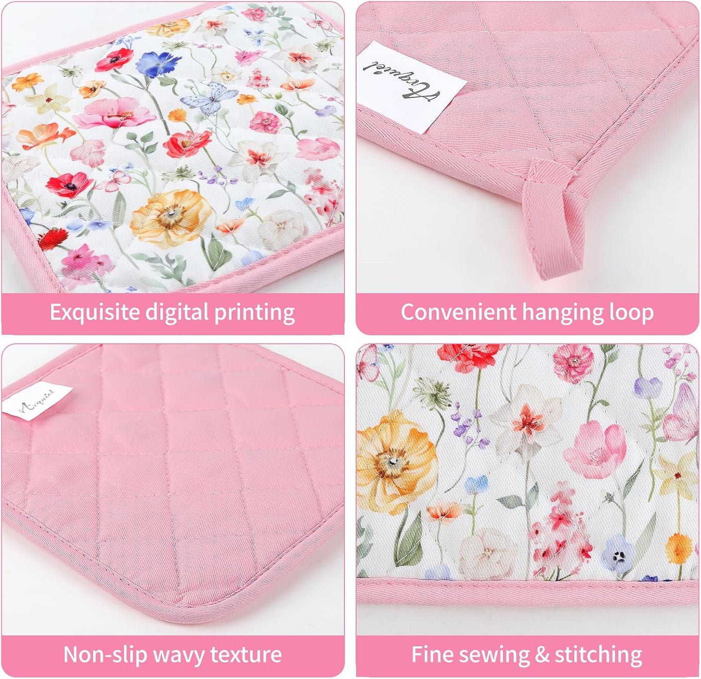 Wildflower Oven Mitts and Pot Holders Sets 2Pcs, 100% Cotton Heat Resistant, Extra Long Oven Gloves Potholder for Kitchen Cooking Baking Decoration