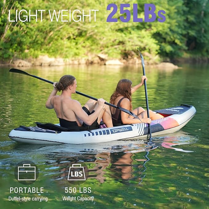 UPWELL 11'/14'6”Inflatable Kayak with Drop Stitch Floor and Accessories Including Kayak Seat with Thickened Cushion, Paddle, Fin, Repair Kits, Carry Bag and Hand Pump