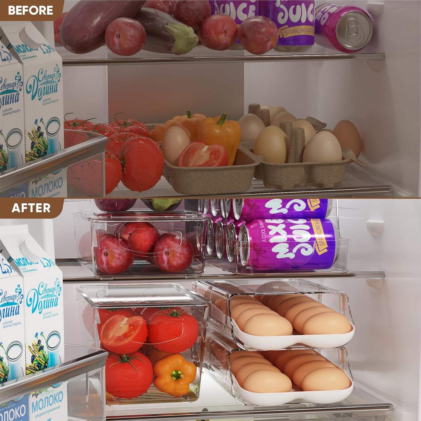 theaoo Egg Holder for Fridge, Automatic Rolling Egg Container for Refrigerator, Clear Plastic Egg Dispenser, Stackable Eggs Organizer with Quick Removable inner Tray For Organizers and Storage, 1 Pack