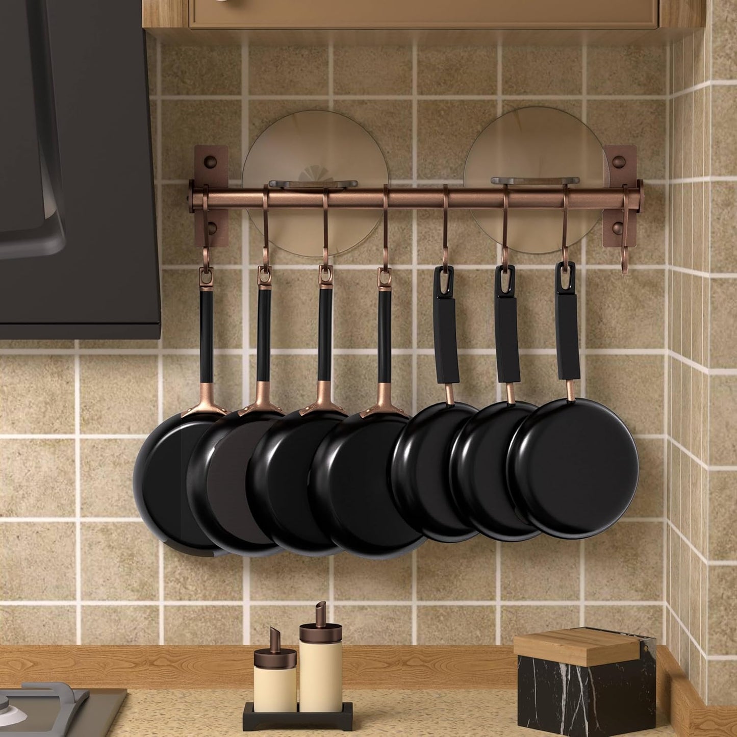 Dseap Kitchen Utensil Holder Hanger, Pot and Pan Rack Wall Mounted, Kitchen Rail with 8 Hooks for Hanging Cooking Utensils, Mugs, Spoons, Wall Mounted, Antique Copper