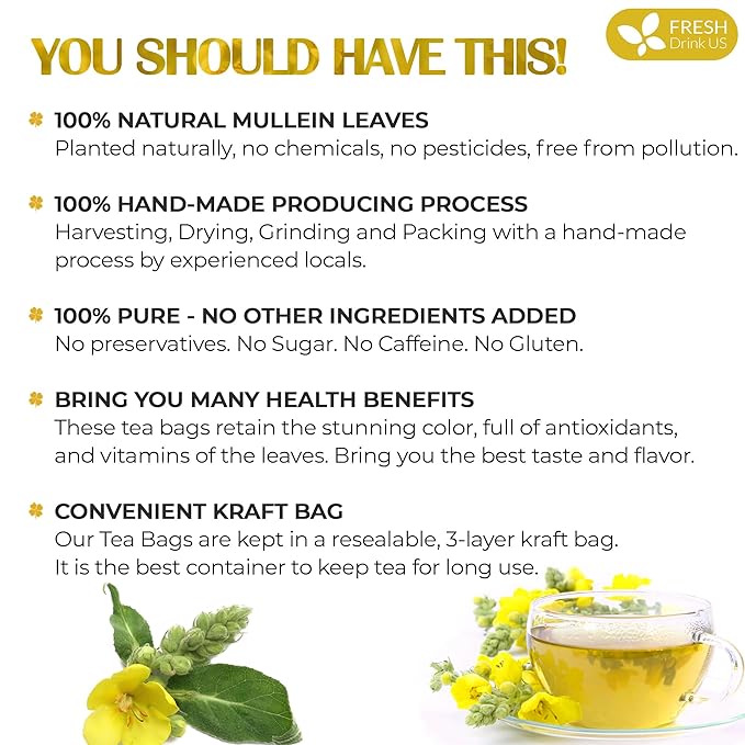 FreshDrinkUS, Premium 40 Mullein Leaf Tea For Lungs, Great Lung Detox For Smokers, Handmade, 100% Natural & Pure, No Sugar, No Caffeine, No Gluten, Vegan