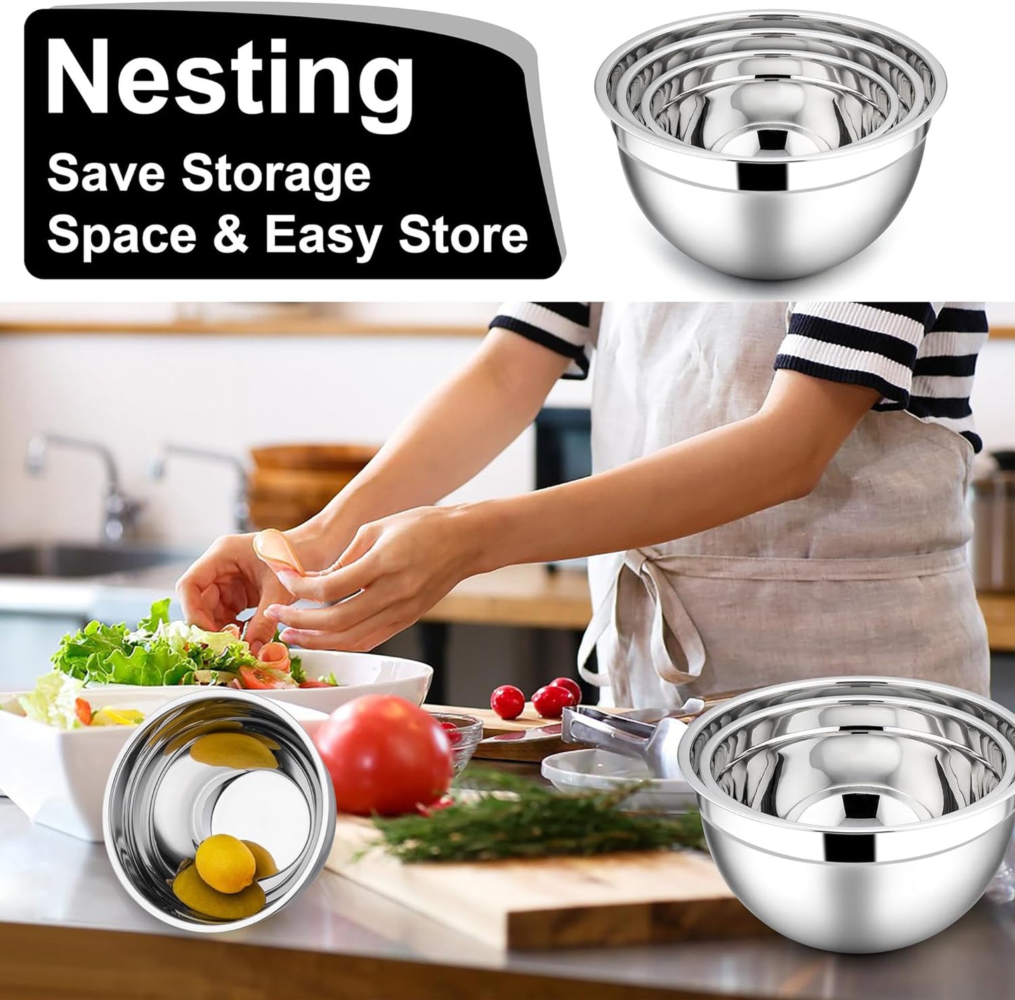 E-far Mixing Bowls with Lids, 6-Piece Stainless Steel Salad Bowls Metal Nesting Bowls for Baking Cooking and Prepping, Airtight Lids & Stackable Design, Size 4.5, 3, 1.5 QT (Black)