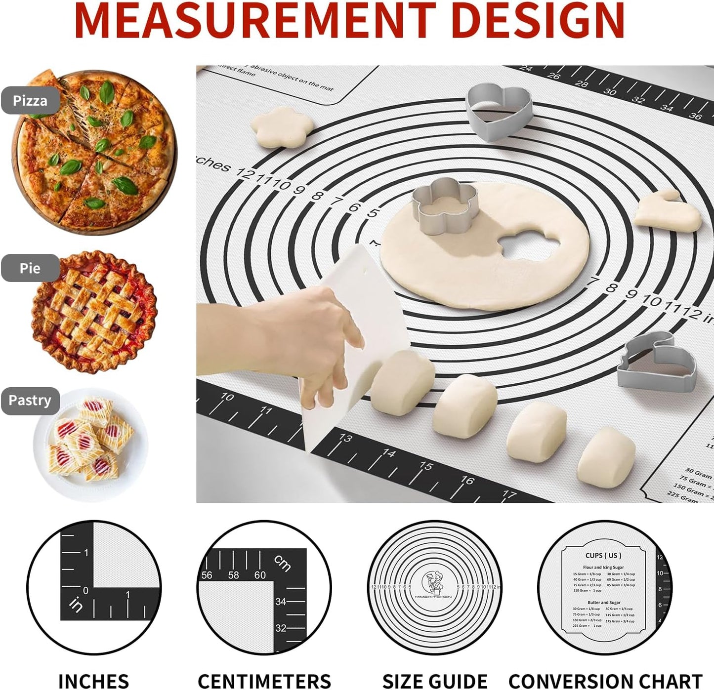 Silicone Pastry Mat for Dough Rolling, Non Stick Silicone Mat for Baking Bread, Pizza, Cookies, Macaron, Silicone Baking Mats with Measurements, Non-slip and Reusable Silicone Mat for kitchen Counter