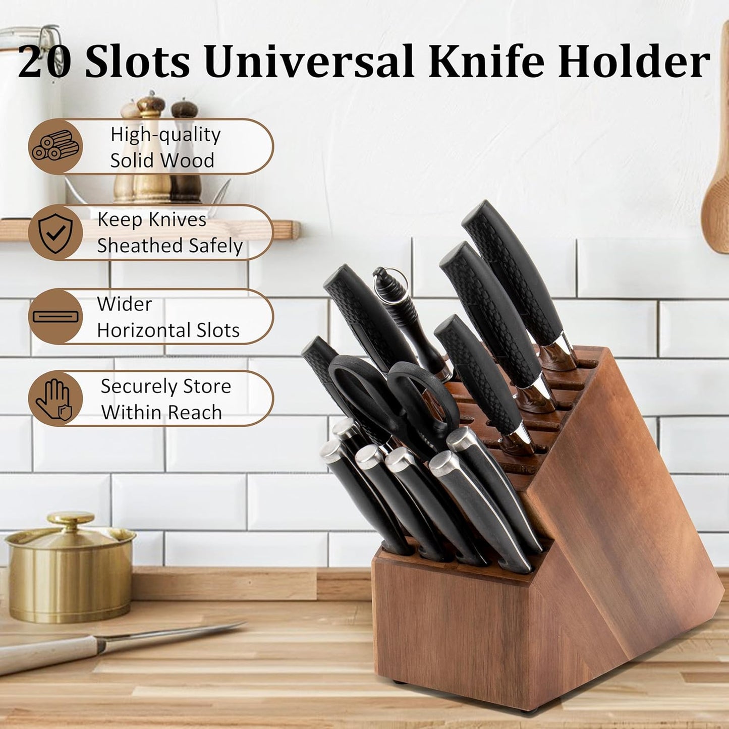 20 Slot Knife Block Storage without Knives,Acacia Wood Universal Knife Holder for Kitchen Countertop,Large Butcher Block Organizer,Easy Kitchen Knife Storage (Brown)