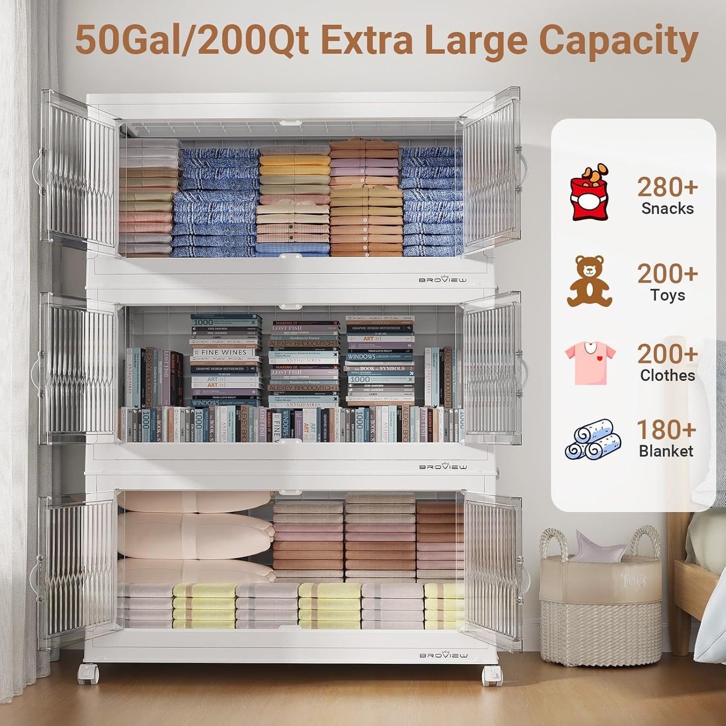 600Qt Extra Large Stackable Storage Bins with Lid, Closet Organizer Collapsible Drawer Boxes with Wheels, Folding Plastic Cabinet Containers for Home Kitchen Room Organization, 3Pack White