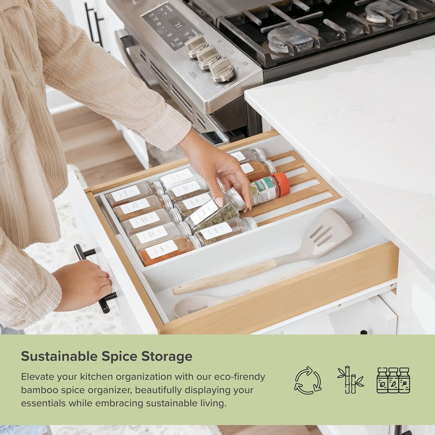 KitchenEdge Spice Drawer Organizer with Expandable Storage. Holds up to 15 Spice Jars (Not Included), Non-Slip Feet, Kitchen Accessory Storage, 100% Sustainable Bamboo Wood (White Bamboo)