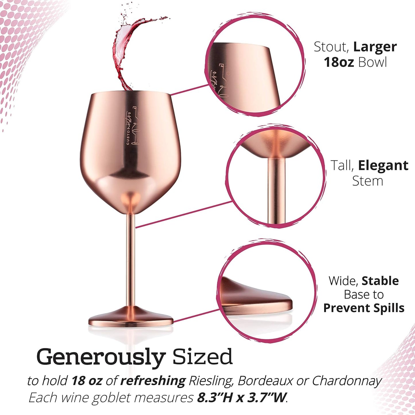 Gusto Nostro Stainless Steel Wine Glass - 18 oz - Unbreakable Rose Gold Wine Glasses for Travel, Camping and Pool - Fancy, Unique and Cool Portable Metal Wine Glass for Outdoor, Picnics (Set of 2)