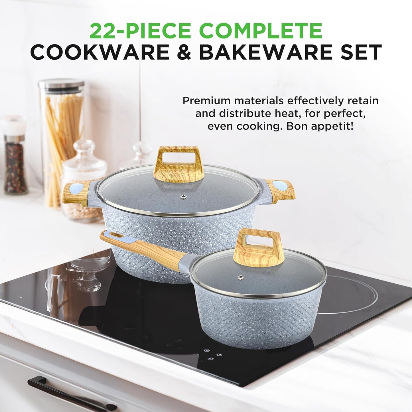 Nutrichef 22-Piece Cookware and Bakeware Set | Professional Home Kitchen Collection with Multi-Sized Pots, Pans, Non stick and Heat-Resistant Tools (Moon Grey Marble)