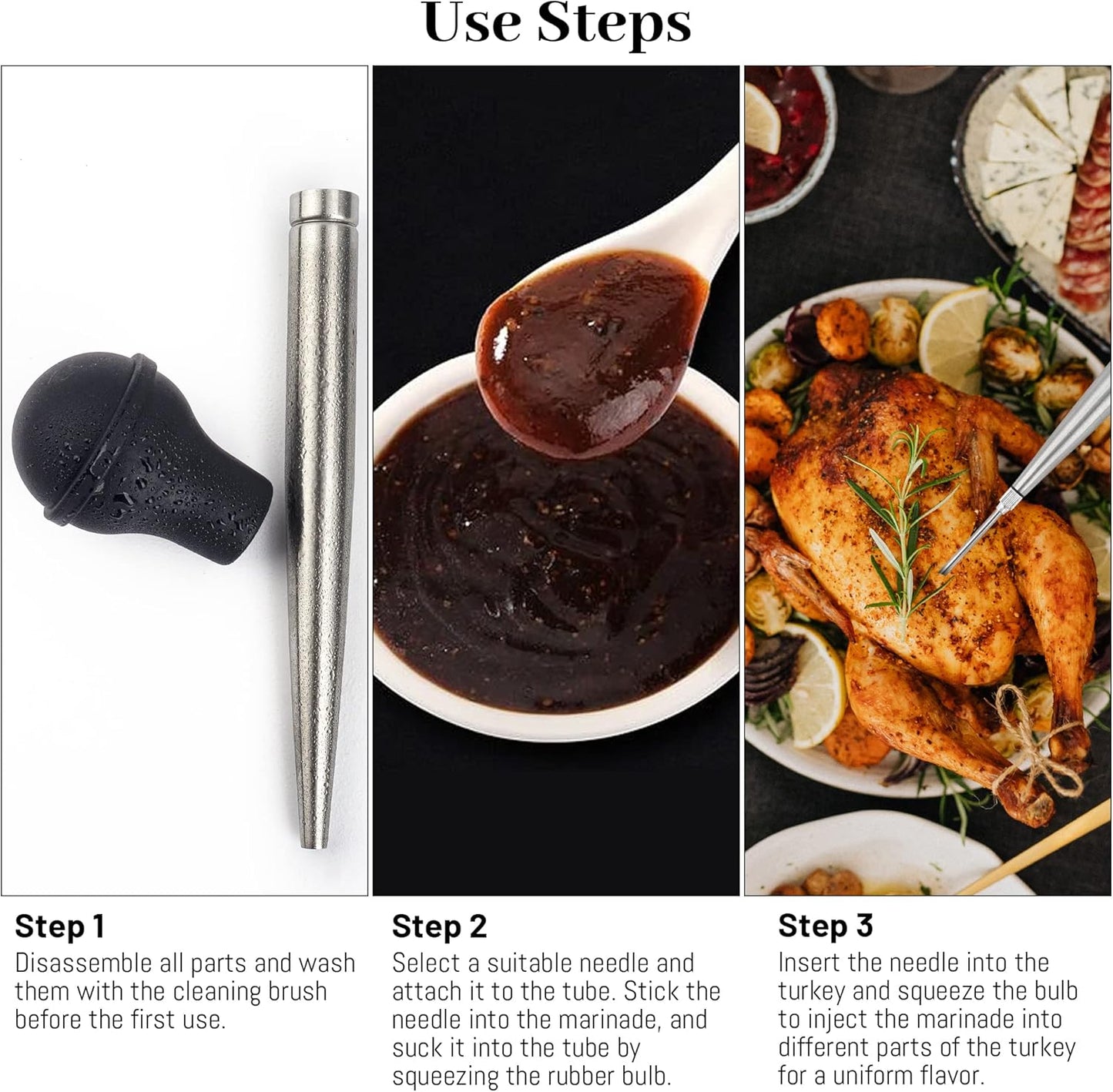 Turkey Baster Syringe for Cooking, Large Stainless Steel Meat Injector, with Cleaning Brush and 2 Marinade Needles, Black