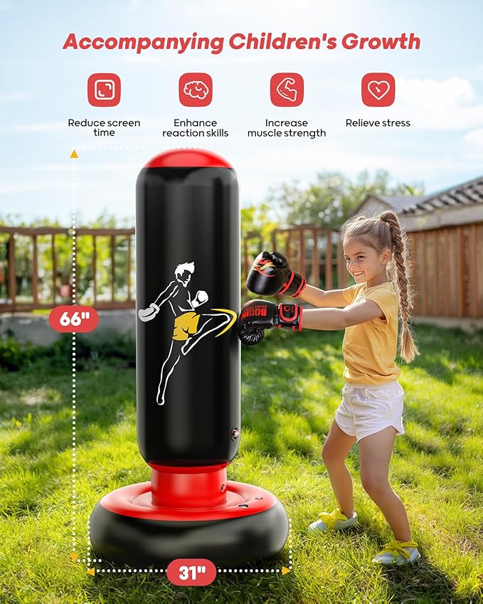 QPAU Kids Punching Bag Toy with Boxing Gloves, 66 Inch Larger Stable Kids Inflatable Boxing Bag Set, Gifts for Boys & Girls Age 6-12, for Practicing Karate, Taekwondo, MMA