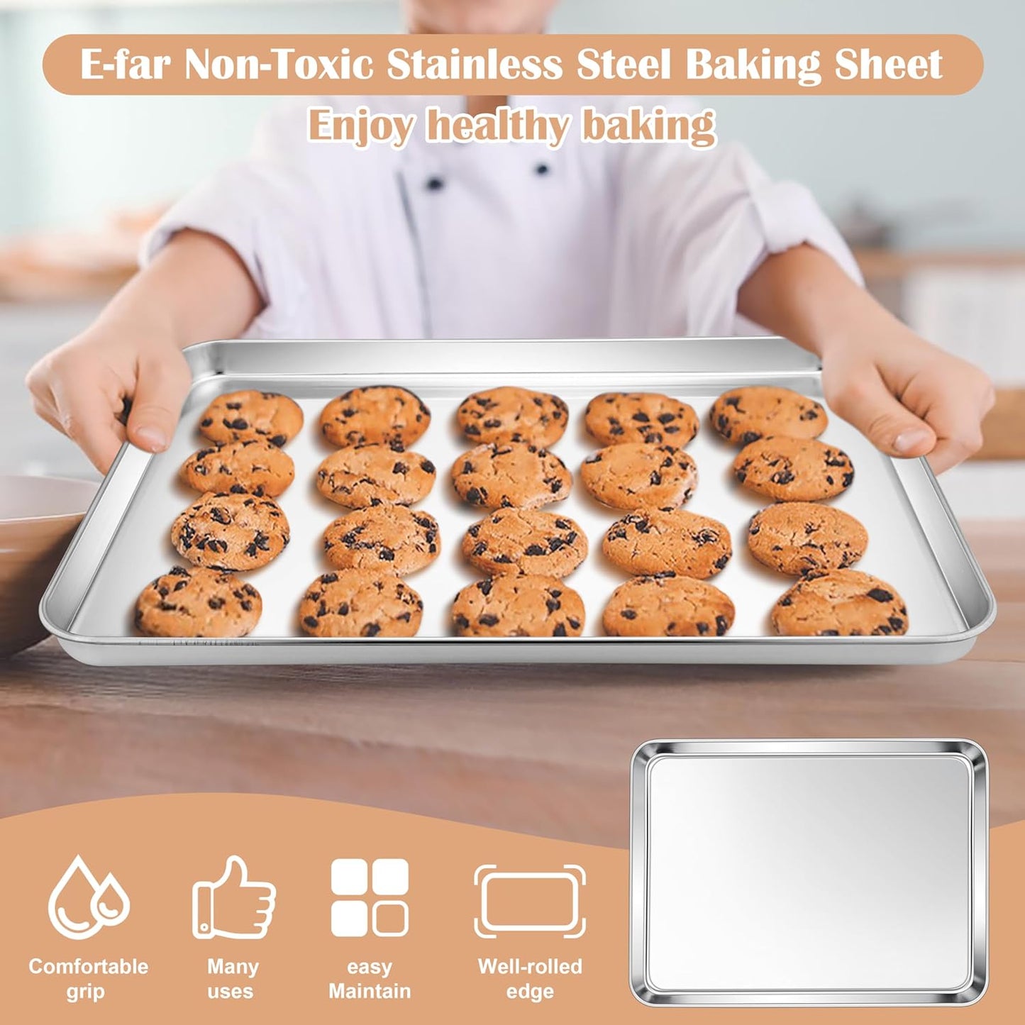 E-far Baking Sheets Set of 3, 16” x12” x 1” Stainless Steel Cookie Sheets Pans for Oven, Non-toxic Metal Trays for Baking Cake Cookie, Healthy & Rust Free, Mirror Finish & Dishwasher Safe